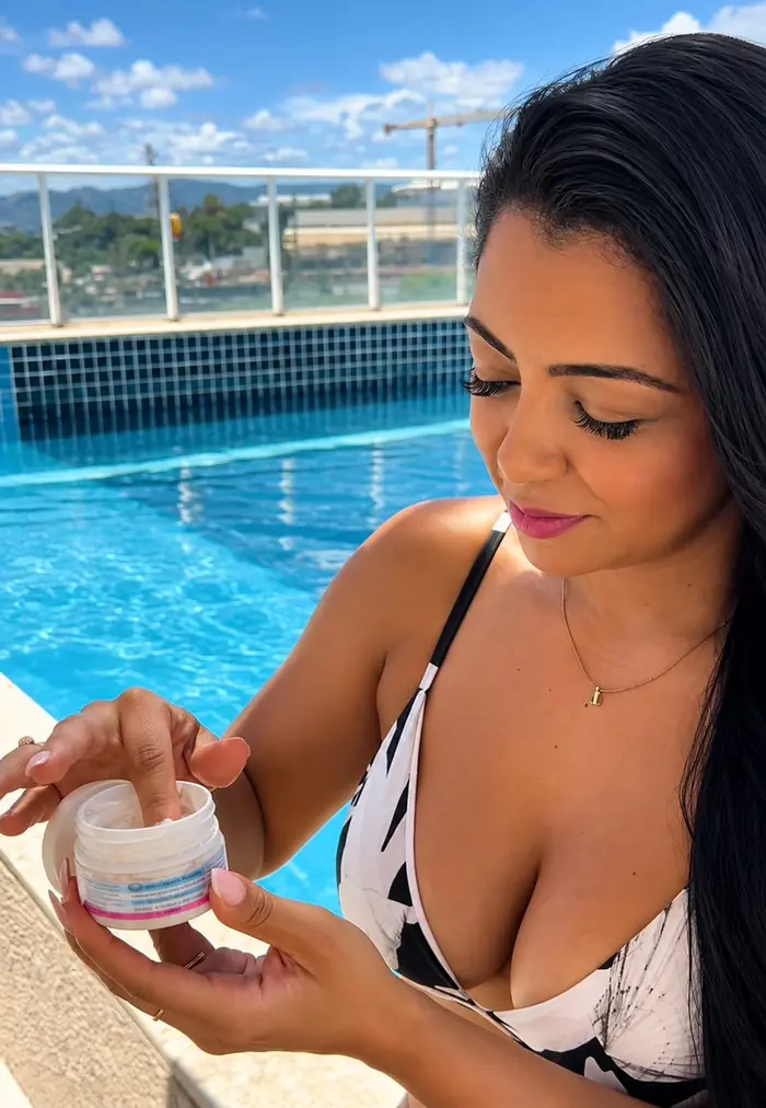 Mulher passando o Esfoliante Amazolé na pele à beira da piscina